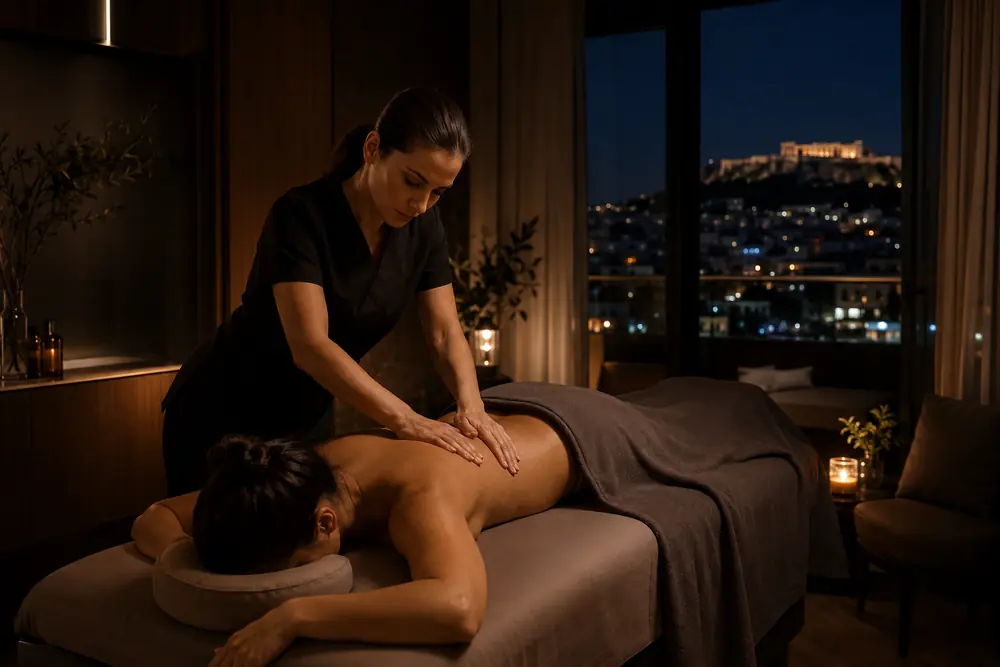 At-home full body massage in a dark luxury Athens interior