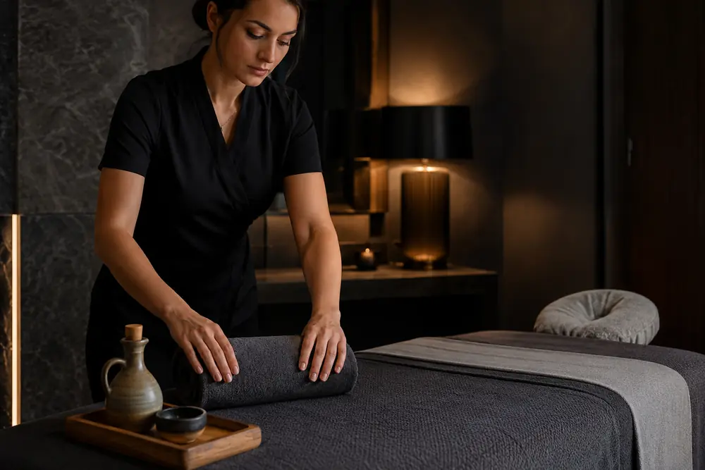 Massage therapist preparing fresh towels for an in-room treatment in Athens